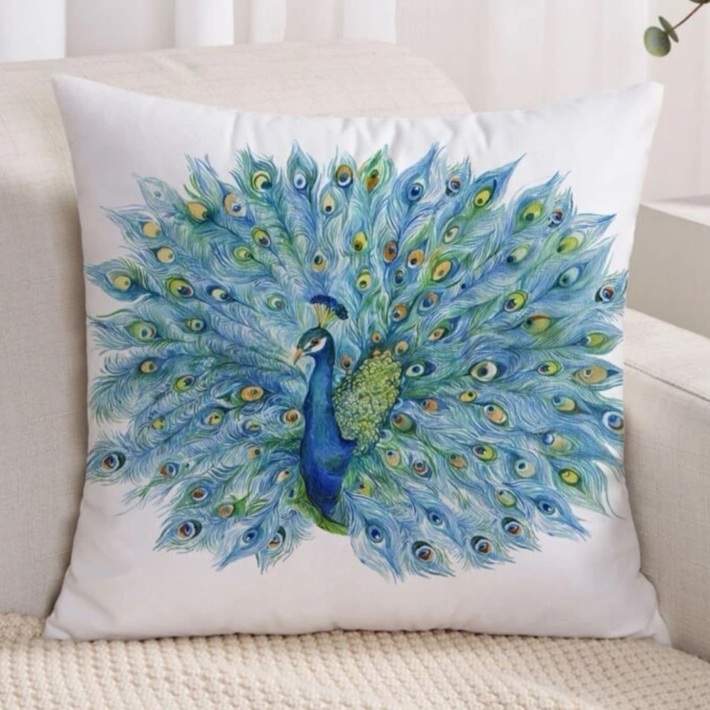 Pillow Cover Peacock Print Zipper Closure Decorative Large Square 17.7 in - Picture 2 of 16